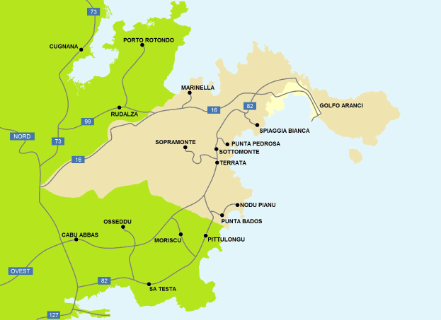 Detailierte Karte von Sardinien, Italien, die Touristenattraktionen, Straßen, Städte, Landmarken und Gewässer hervorhebt, mit zusätzlichen Informationen zu Entfernungen und Standorten.