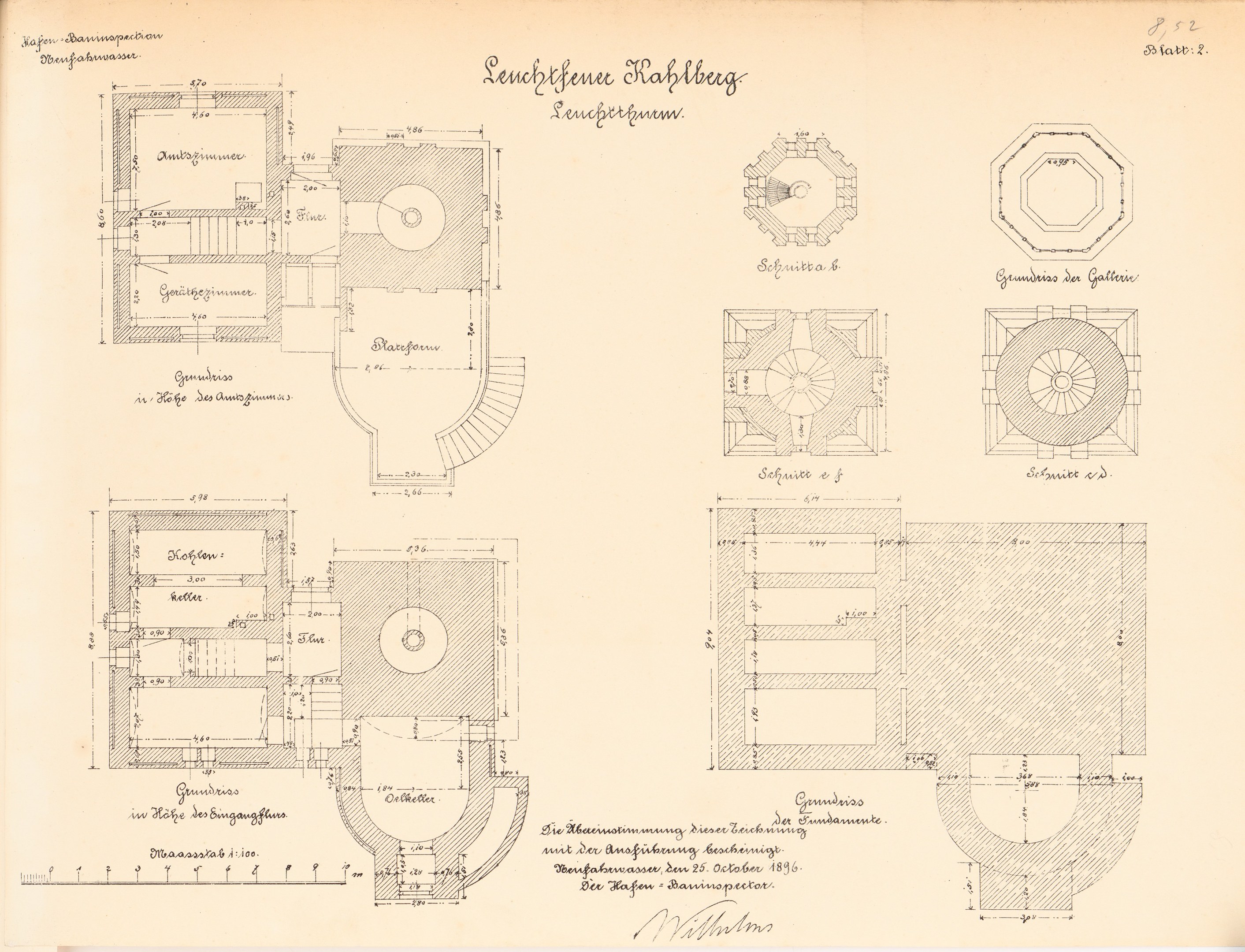 Old book with a detailed floor plan drawing of the Leuchtführerhof building in Hamburg, Germany, showing rooms, windows, doors, and other architectural features.