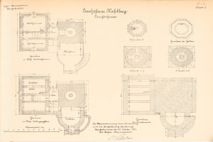 Old book with a detailed floor plan drawing of the Leuchtführerhof building in Hamburg, Germany, showing rooms, windows, doors, and other architectural features.