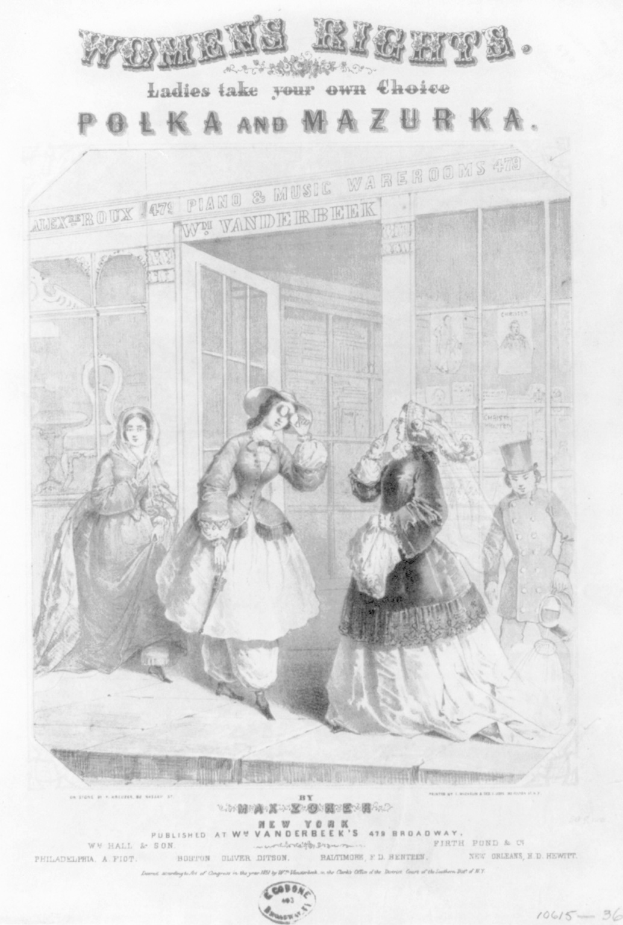 Schwarze und weiße Illustration von drei Frauen vor einem Gebäude, mit "Frauenrechte: Ladies Take Your Own Choice, Polka und Mazurka" oben und unten.