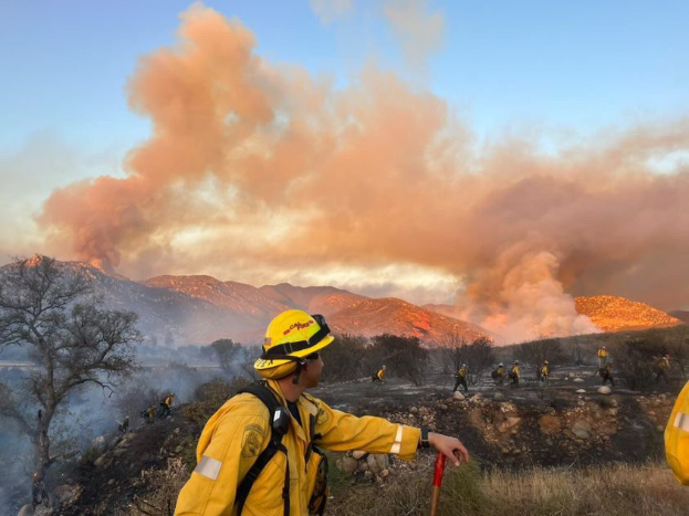 A firefighter in a yellow jacket and helmet stands in front of a large plume of smoke, holding a stick, with trees, hills, and a clear blue sky in the background.