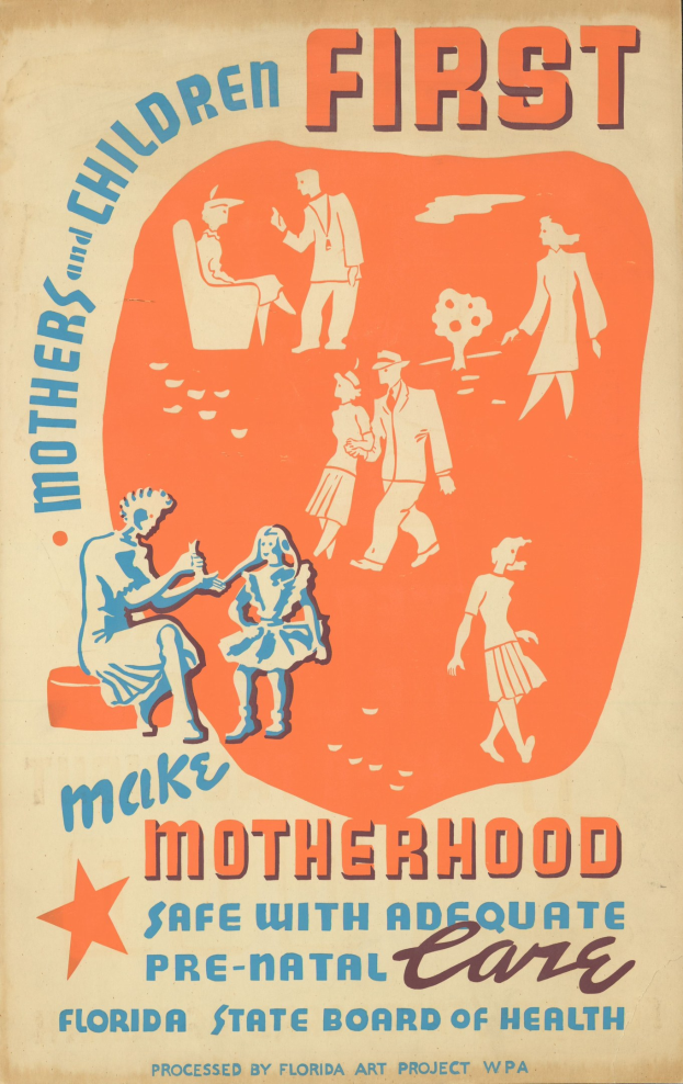 Plakat mit fetter weißer Schrift "Mutterschaft durch ausreichende Vorsorge sicher machen" auf hellblauem Hintergrund, mit lachenden Menschen verschiedenen Alters, Geschlechts und Ethnien.