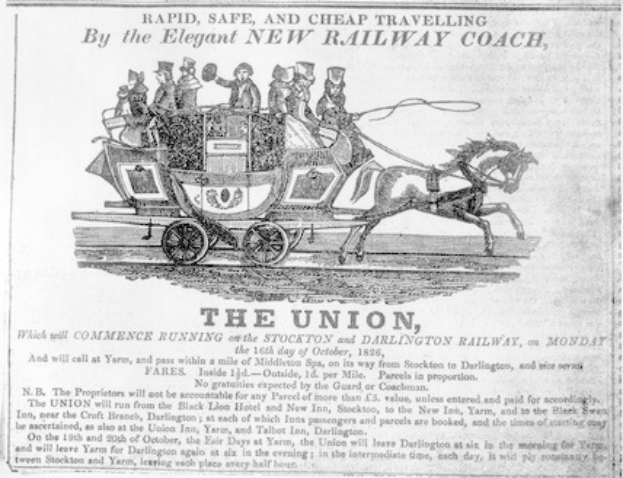 Eine alte Zeitungsanzeige für die Union, die eine von Menschen gefüllte Kutsche zeigt, begleitet von beschreibendem Text.