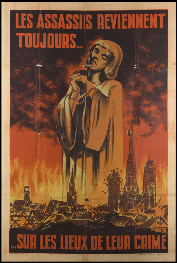 French propaganda poster from the Revolution showing a person holding a cigarette amid burning buildings, with the text "Assassins Reviennent Toujours."