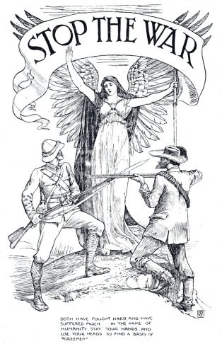 Plakat mit der Aufschrift 'Stoppt den Krieg' oben und unten, mit einer zentralen Zeichnung einer Frau, flankiert von zwei Männern.