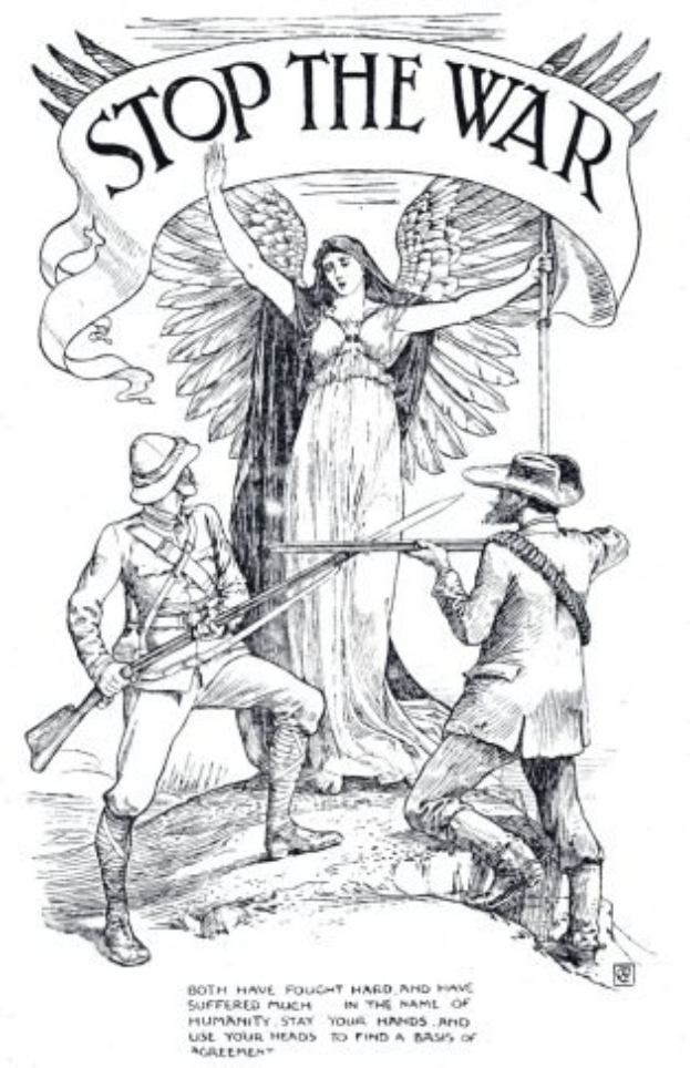 Plakat mit der Aufschrift 'Stoppt den Krieg' oben und unten, mit einer zentralen Zeichnung einer Frau, flankiert von zwei Männern.