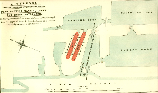 Eine detaillierte Karte von Liverpool, England, auf Papier, die Häfen, Docks und die Umgebung hervorhebt, mit begleitendem Text über die Geschichte und Kultur der Stadt.