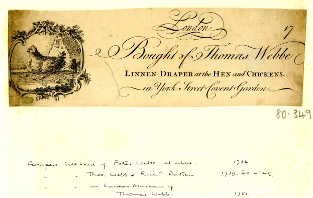 Ein alter Umschlag mit einer Henne-und-Küken-Illustration und der Inschrift "Linnen-draper am Hen and Chickens in York Street Covent Garden".