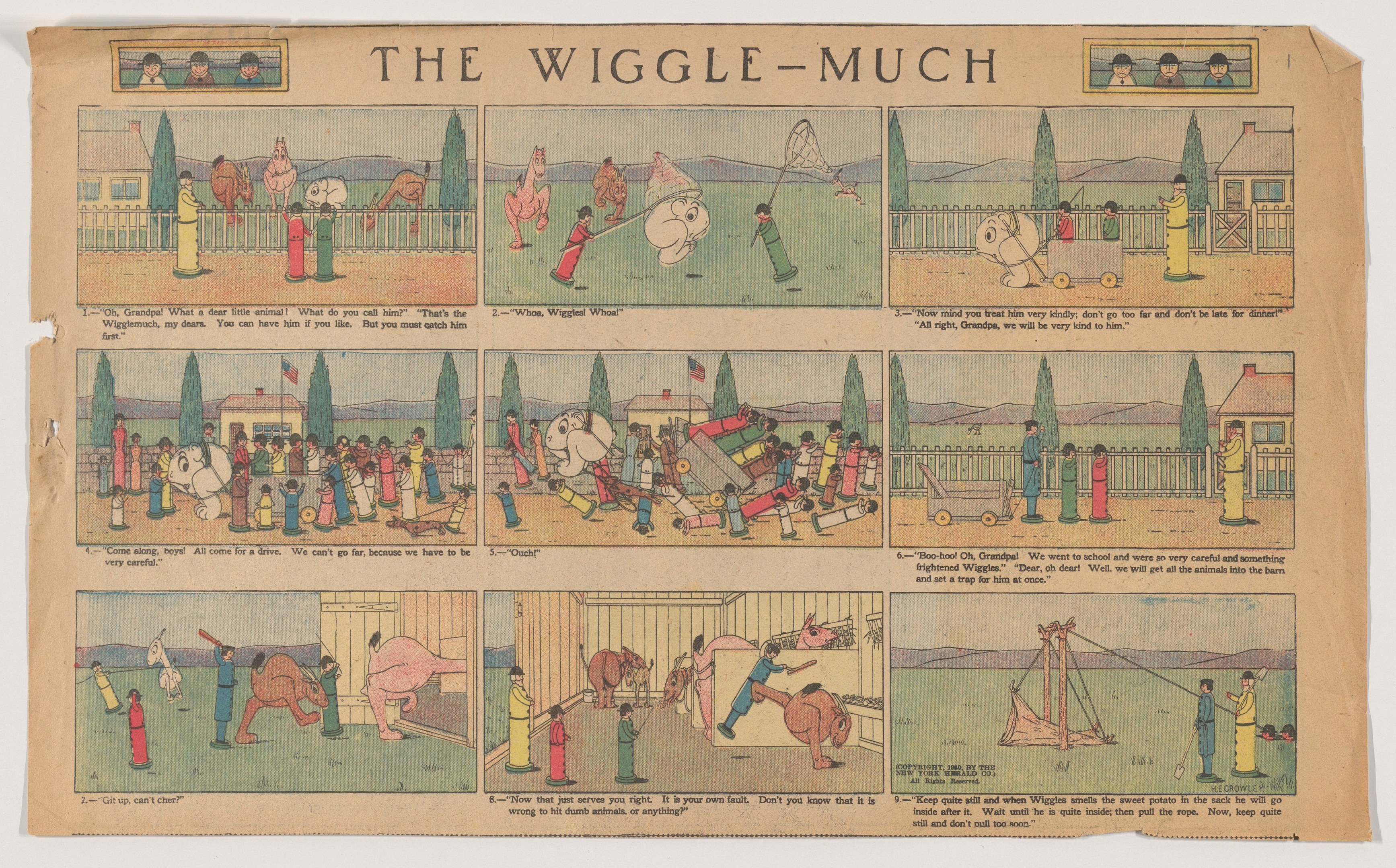 Ein buntes, verspieltes Comic-Strip namens "wiggle-much" mit lustigen Illustrationen von Menschen, Tieren und Gegenständen in fetter Schrift.