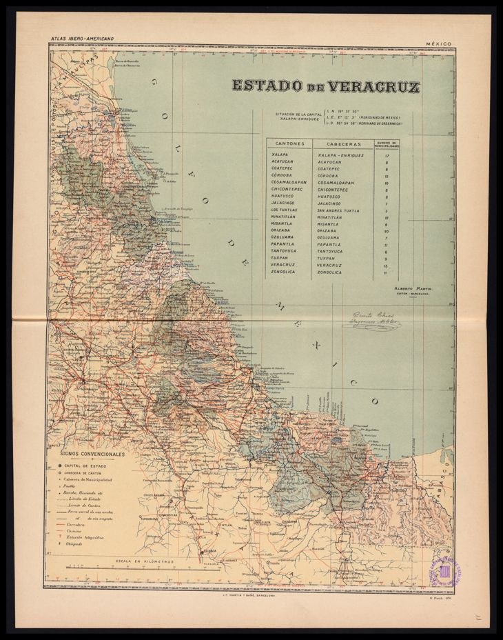 Alte Karte von Veracruz, Mexiko, in Schwarz gerahmt, zeigt Flüsse, Berge und Städte.