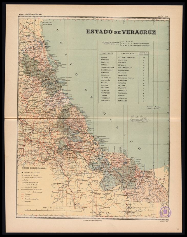Alte Karte von Veracruz, Mexiko, in Schwarz gerahmt, zeigt Flüsse, Berge und Städte.