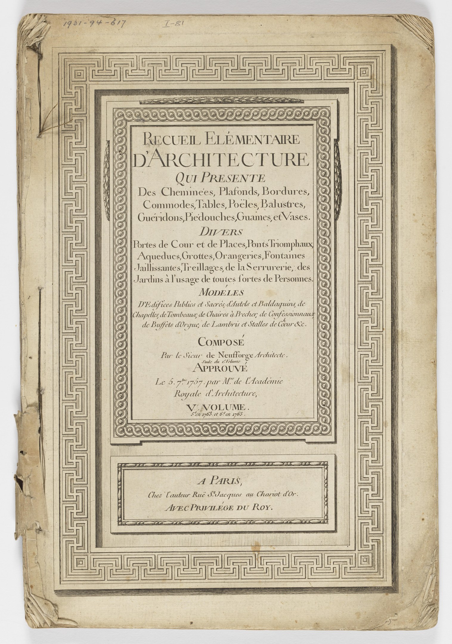 Old book with a white background and a design on the cover, text on the paper reads "Recueil Elementaire d'Architecture qui Presente".