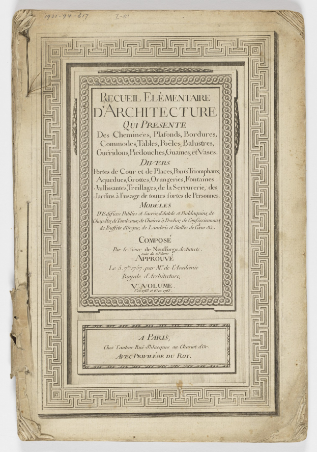 Old book with a white background and a design on the cover, text on the paper reads "Recueil Elementaire d'Architecture qui Presente".