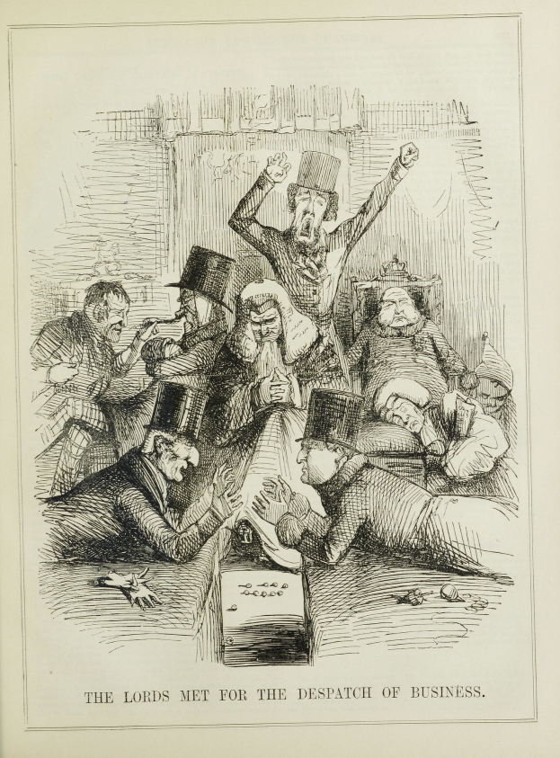 Eine historische Illustration, die eine Gruppe von Menschen in Not zeigt, einige schauen ängstlich nach oben und andere verwirrt nach unten, mit dem Text "Die Lords trafen sich zur Geschäftsabwicklung."