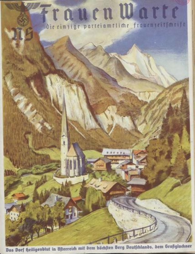 Alter deutscher Reiseplakat aus den 1930er Jahren, das eine kleine Bergstadt mit Häusern, Bäumen und einer gewundenen Straße zeigt, begleitet von Text.