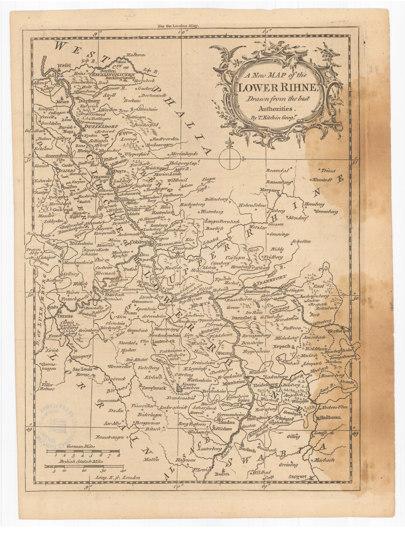 Detailreiche alte Karte des Niederrheins mit klassischem Schriftzug, die Flüsse, Berge und Städte zeigt.