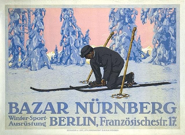 Poster advertising the Bazar Nürnberg Winter Sport in Berlin, Germany, showing a person skiing with trees in the background and event details in text.