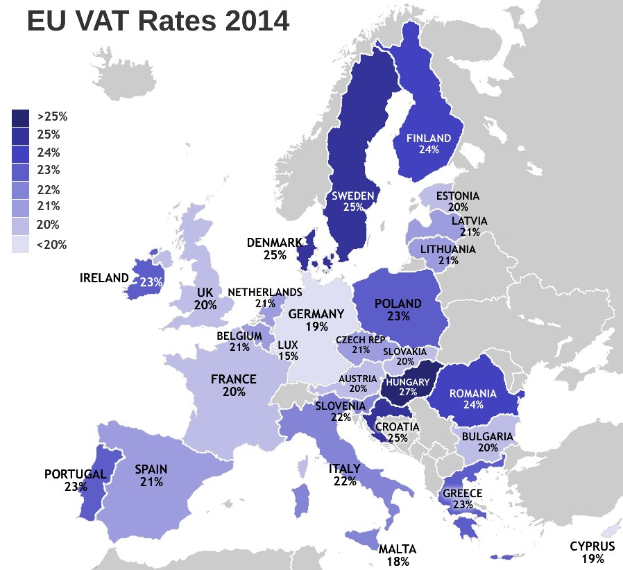 Eine Karte von Europa, die die EU-Mehrwertsteuersätze von 2014 mit Prozentangaben und Text anzeigt.