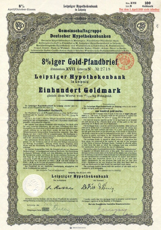 Grünes Wertpapier der Leipziger Hypothekbank mit gedrucktem Text und einem offiziellen Stempel.