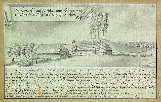 Ein verblichenes Dokument mit der Überschrift "Surgensburg, Deutschland - Landschaft eines Hofes", das einen Hof zeigt, der von Häusern, Bäumen und einem Himmel umgeben ist.