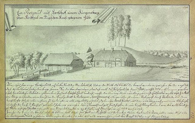 Ein verblichenes Dokument mit der Überschrift "Surgensburg, Deutschland - Landschaft eines Hofes", das einen Hof zeigt, der von Häusern, Bäumen und einem Himmel umgeben ist.