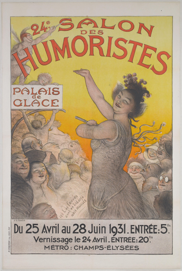 Plakat für den Salon des Humoristes in Paris mit einer Frau inmitten einer Menschenmenge und Ereignistext.