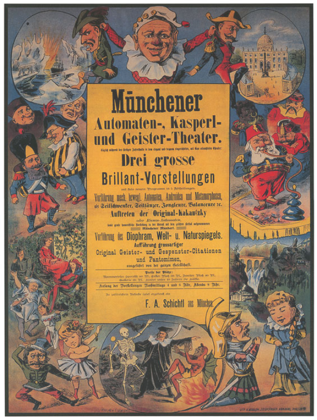 Ein nostalgisches deutsches Filmplakat für das Munchener Automaten-Kasperl- und Geister-Theater, das eine Gruppe von Menschen in bunten Kostümen in der Mitte zeigt, umgeben von Text.