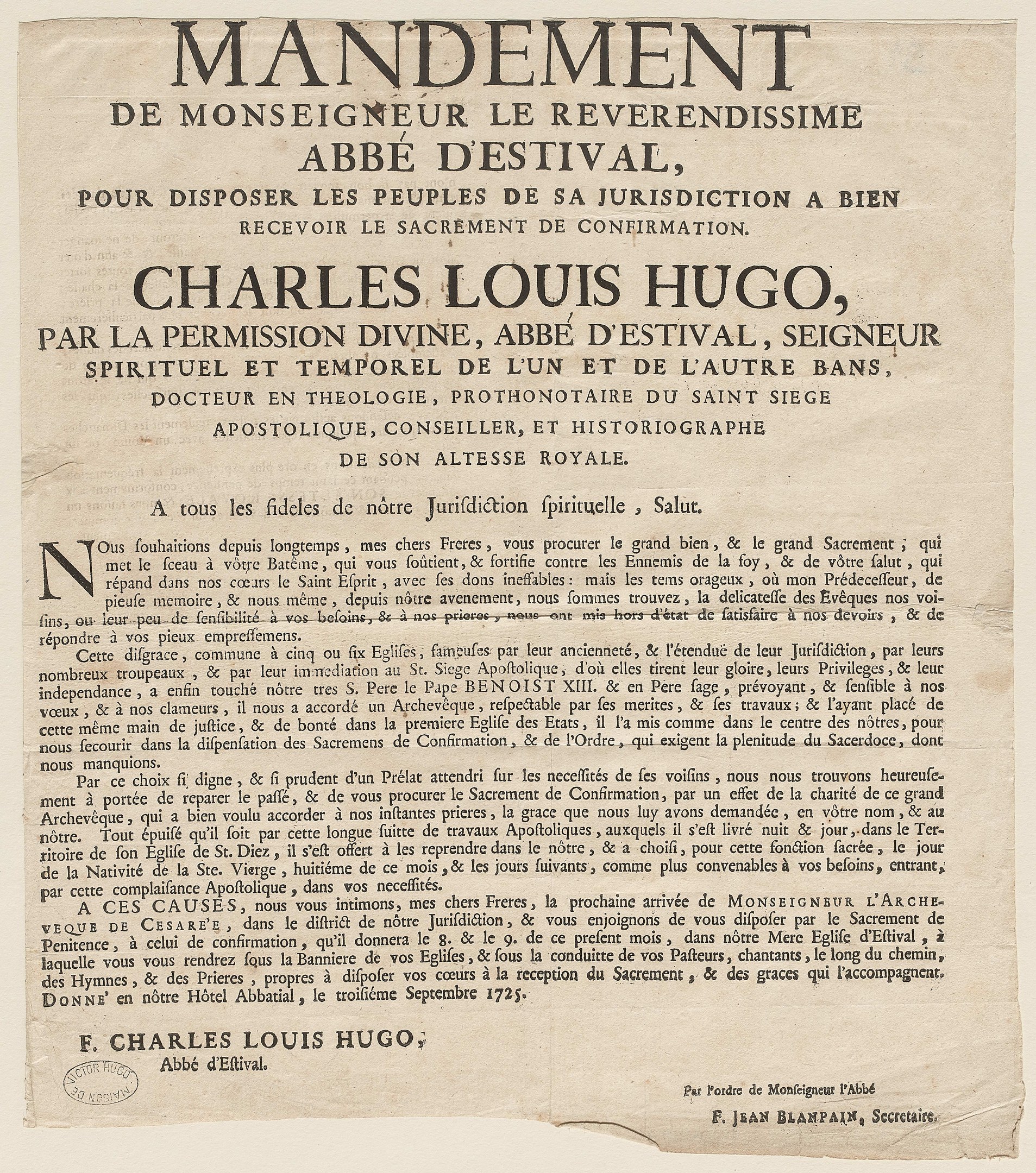 Old, yellowed document with faded black text reading "Mandement de Monsieur le Reverrendissime abbe d'estival," featuring creases and wrinkles.