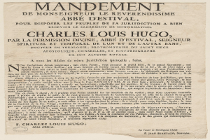 Old, yellowed document with faded black text reading "Mandement de Monsieur le Reverrendissime abbe d'estival," featuring creases and wrinkles.