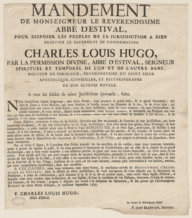 Old, yellowed document with faded black text reading "Mandement de Monsieur le Reverrendissime abbe d'estival," featuring creases and wrinkles.