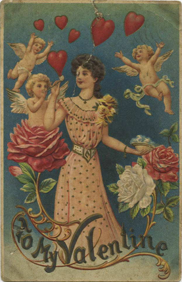 Eine altmodische Valentinstagskarte mit einer Frau, die einen Rosenstrauß hält, zwei Cherubim und herzförmigen Gegenständen, mit Text, der wahrscheinlich Valentinstagwünsche ausdrückt.