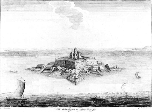 Eine Schwarz-Weiß-Zeichnung einer kleinen Insel mit Häusern und Booten im Vordergrund, beschriftet mit "1853 - die Festung Frankfurt" unten.