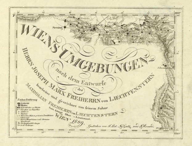 Detailierte alte Karte von Wien, Deutschland, zeigt geografische Merkmale, Städte, Orte, Straßen, Sehenswürdigkeiten und textuelle Informationen zum Gebiet.