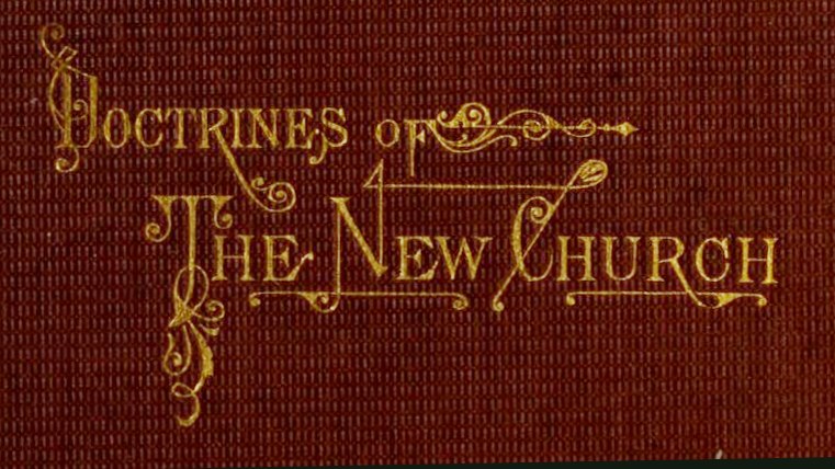 Open book titled "Doctrine of the New Church" with a black-suited man holding a book and pen, surrounded by a golden border on the visible page.