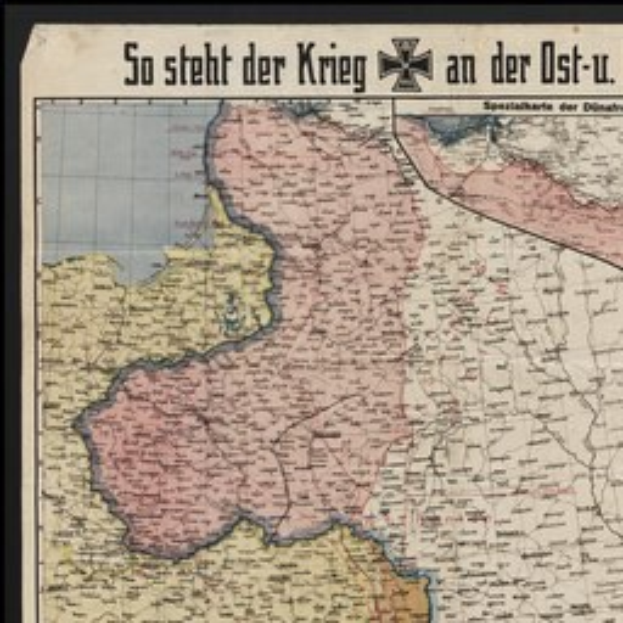 A framed map of Germany with text "So Steht der Krieg an der Ost-U" overlaid.