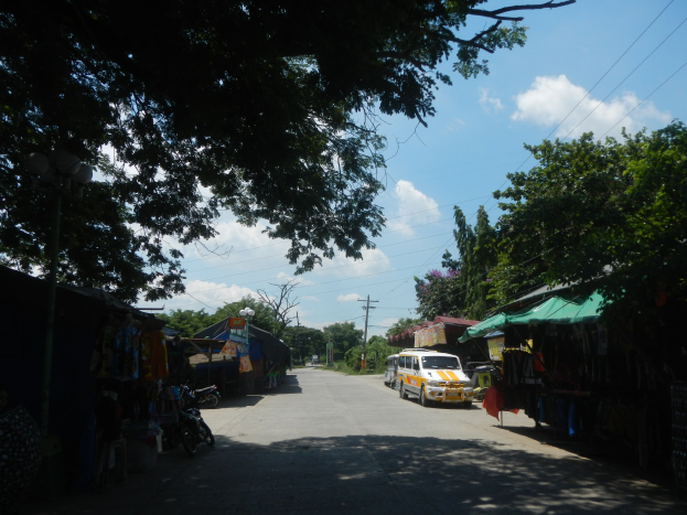 Ein Bus fährt auf einer von Bäumen gesäumten Straße mit Marktständen auf beiden Seiten und Strommasten mit Drähten und einem bewölkten Himmel im Hintergrund.