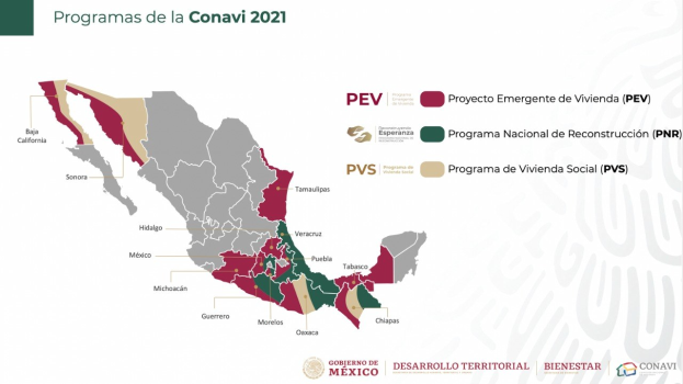 Eine Karte von Mexiko mit in verschiedenen Farben hervorgehobenen Provinzen, betitelt mit "Programas de la Conavi 2021".