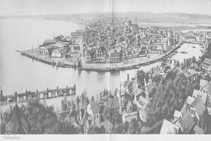 Ein altes Schwarz-Weiß-Foto von Eckenhofeld, Deutschland aus dem Jahr 1885, das zahlreiche Gebäude, Bäume und eine Brücke über einen Gewässer zeigt.