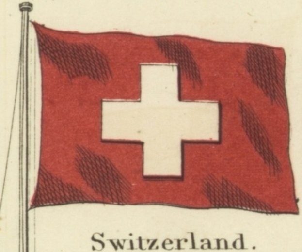 Rote Fahne mit weissem Kreuz auf einem Stab, beschriftet "Schweiz" unten.