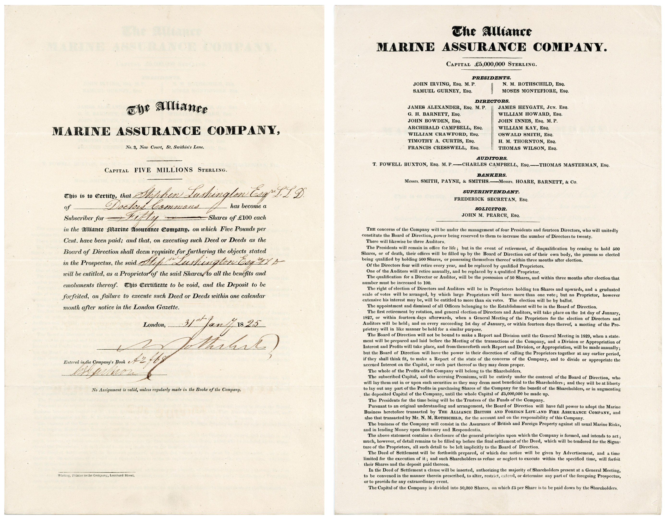 Zwei leicht zerknitterte Papiere mit 'The Alliance Marine Assurance Company' in schwarzer Schrift auf einem weißen Hintergrund.