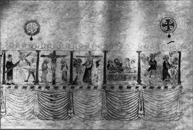 Eine Schwarz-Weiß-Zeichnung einer Gruppe von Menschen auf einer Bühne, die besorgt wirken und einige ängstlich nach oben und andere verzweifelt nach unten schauen, mit einer Wand im Hintergrund und einem Vorhang unten.