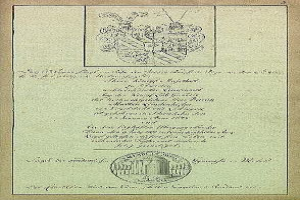 Ein historisches Dokument aus dem Jahr 1775 mit einem Wappen und Text sowie einem Logo unten.