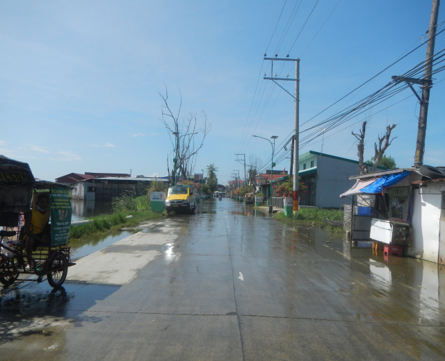Eine überflutete Straße mit einem Rikscha auf der Seite geparkt, Fahrzeuge fahren, Strommasten mit Drähten, Gebäude und Bäume im Hintergrund und ein sichtbarer Himmel.