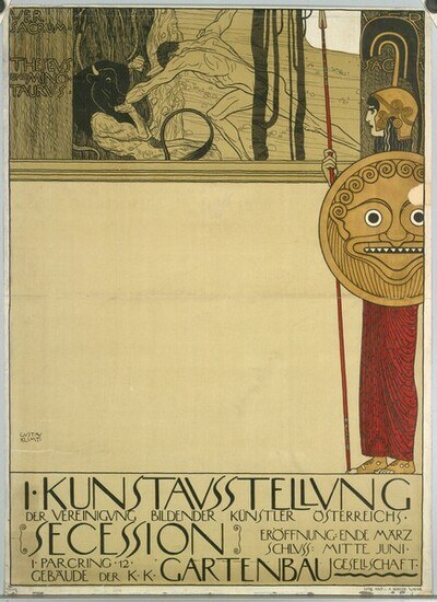 Poster for the Kunststävstellung secession in Gartenbau, Germany, depicting a person in a long dress holding a stick with a determined expression, set against a deep blue background with stars and bold white text.