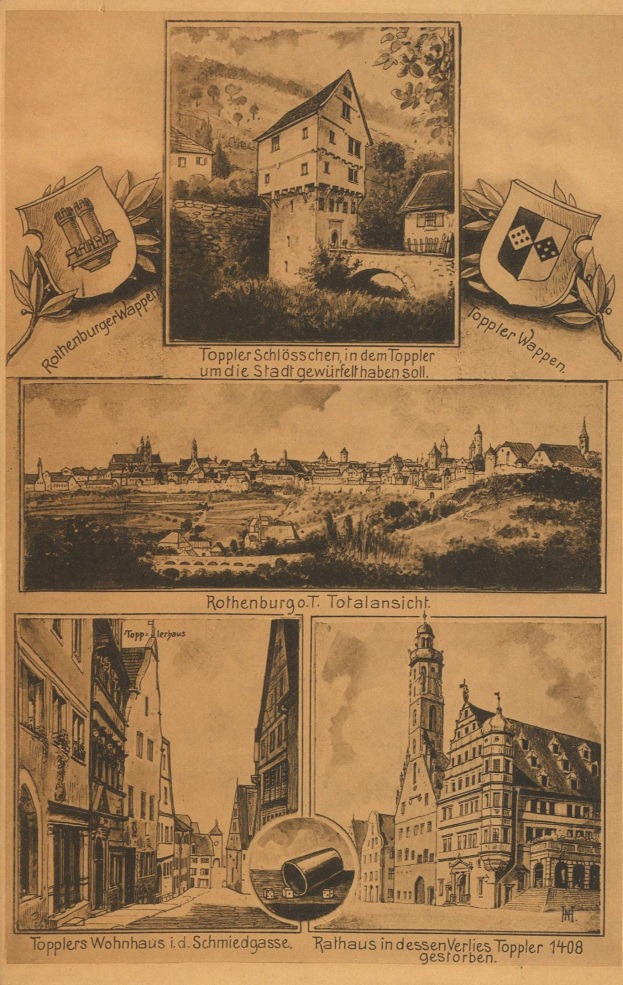 An old book with an illustration of a cityscape including buildings, trees, and other objects, featuring the text "Toppler Wohnhaus i d Schmiedgasse" at the bottom.