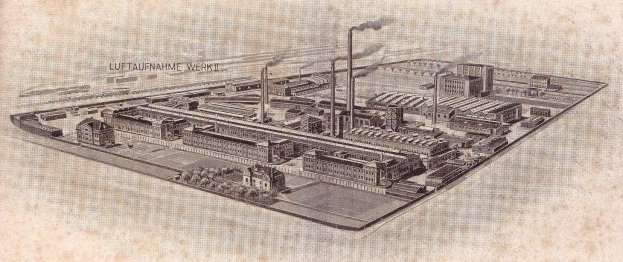 Aerial drawing of a German industrial town labeled "Luftaufnahme Werkt, Germany," featuring varied buildings, green trees, and smoke rising from chimneys.