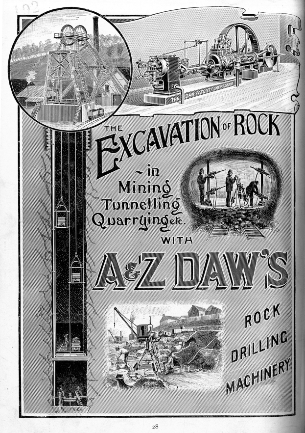 Ein altes Buch mit einem Schwarz-Weiß-Bild einer Bohrmaschine auf dem Cover, betitelt mit "Der Abbau von Felsbergbau."