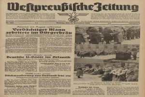 Schwarze Titelseite einer deutschen Zeitung vom 13. November 1939 mit der Überschrift "Weitpreubliche Zeitung", die eine Gruppe von Menschen in traditioneller deutscher Tracht in einer feierlichen Umgebung zeigt.