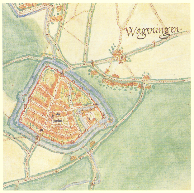Ein detaillierter Stadtplan von Wageningen, Deutschland, der Straßen, Gebäude und Sehenswürdigkeiten mit beschrifteten Texten zeigt.