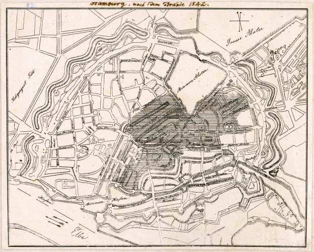 Ein altes Stadtplan von Hamburg, Deutschland aus dem Jahr 1842, der detaillierte Straßen und Text zeigt.